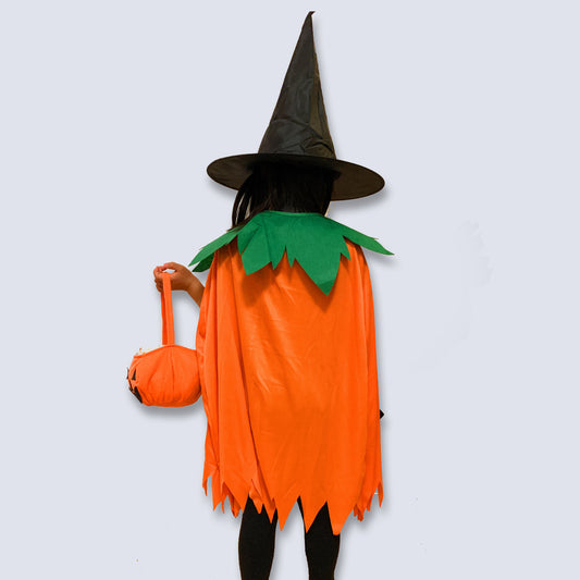 Kids 3 Set Halloween Costume Bundle - Pumpkin Trick or Treat Bag, Pumpkin Cape, Witches Hat