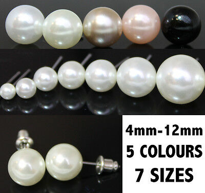 All Sizes 4mm - 12mm Pearl Stud Earrings  Simulated Faux - 5 Colours UK Seller
