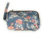 Dusty Blue Floral Fun PVC Canvas Wallet Purse Pouch Triple Zip w/ Wrist Strap Wristlet Clutch Bag