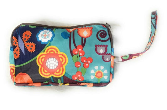 Abstract Floral Fun PVC Canvas Wallet Purse Pouch Triple Zip w/ Wrist Strap Wristlet Clutch Bag