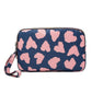 Navy Dusty Pink Hearts Fun PVC Canvas Wallet Purse Pouch Triple Zip w/ Wrist Strap Wristlet Clutch Bag