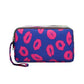 Blue Pink Lips Hearts Fun PVC Canvas Wallet Purse Pouch Triple Zip w/ Wrist Strap Wristlet Clutch Bag