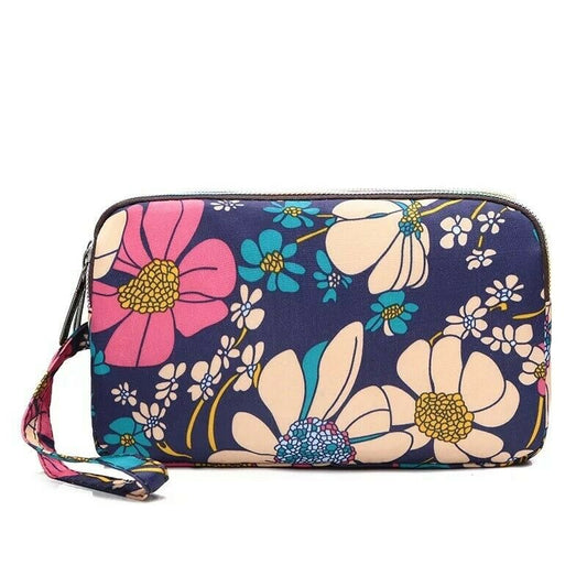 Pink Blue Floral Fun PVC Canvas Wallet Purse Pouch Triple Zip w/ Wrist Strap Wristlet Clutch Bag