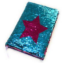 Load image into Gallery viewer, A5 Reversible Sequin Fuchsia Pink Aqua Blue Star Notebook Glittery Notepad Writing Journal Diary Book Gift
