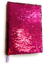 Load image into Gallery viewer, A5 Reversible Sequin Fuchsia Pink Silver Notebook Glittery Notepad Writing Journal Diary Book Gift
