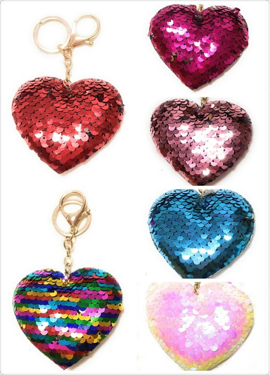 SEQUIN Heart Keychain Keyring Handbag Bag Charm Girls Xmas Stocking Party Bag Filler