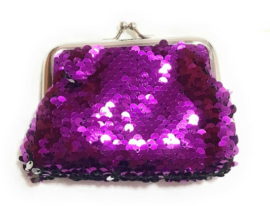 Ladies Girls Reversible Sequin Plum Coin Wallet Pouch Money Purse Card Holder Gift UK