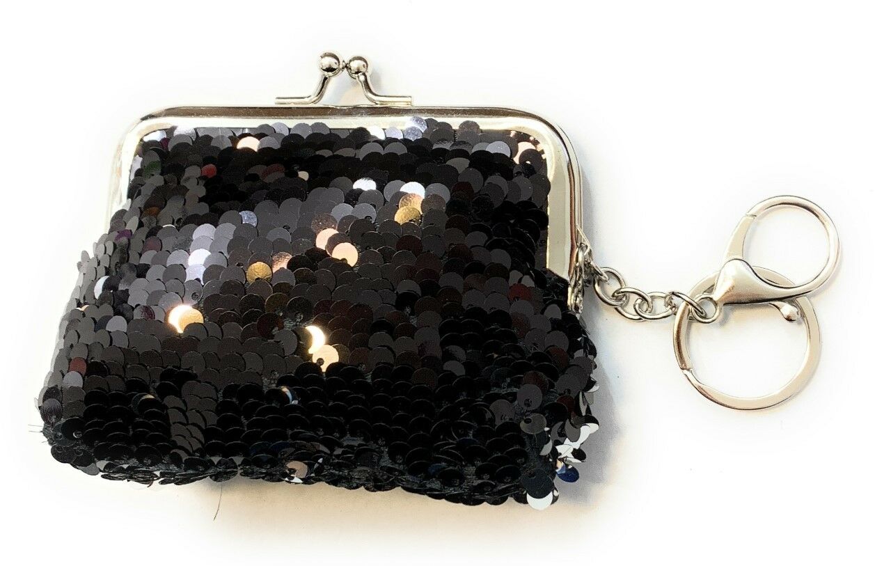 Ladies Girls Reversible Sequin Black Coin Wallet Pouch Money Purse Card Holder Gift UK