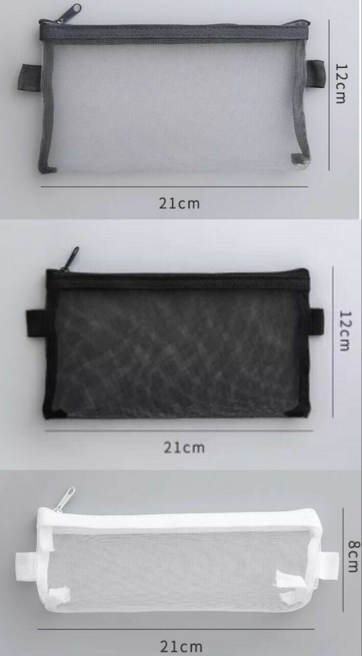 3 Clear See Through Mesh Exam Pencil Case Zip Fastening Make Up Pouch Travel Set
