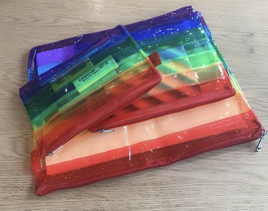 3 Clear Rainbow Tuff Bag Zip Wallet Pouch Flat Pencil Case Large A4 A5 A6 Wallets Folder Set Boys Girls School