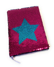 Load image into Gallery viewer, A5 Reversible Sequin Fuchsia Pink Aqua Blue Star Notebook Glittery Notepad Writing Journal Diary Book Gift