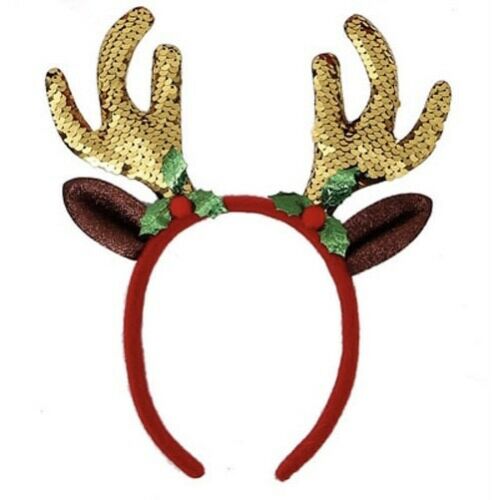 Girls Adults Colourful Gold Sequin Headband Reindeer Antlers Christmas Deer Ears Headbopper